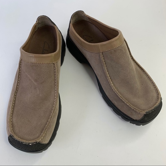 clarks suede slip on loafers